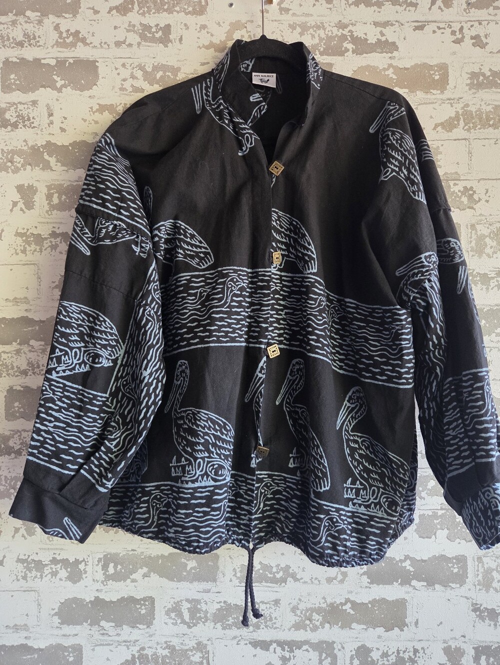 Ann Maurice Black Blue Pelican Nature Print Button Down Shirt L/XL